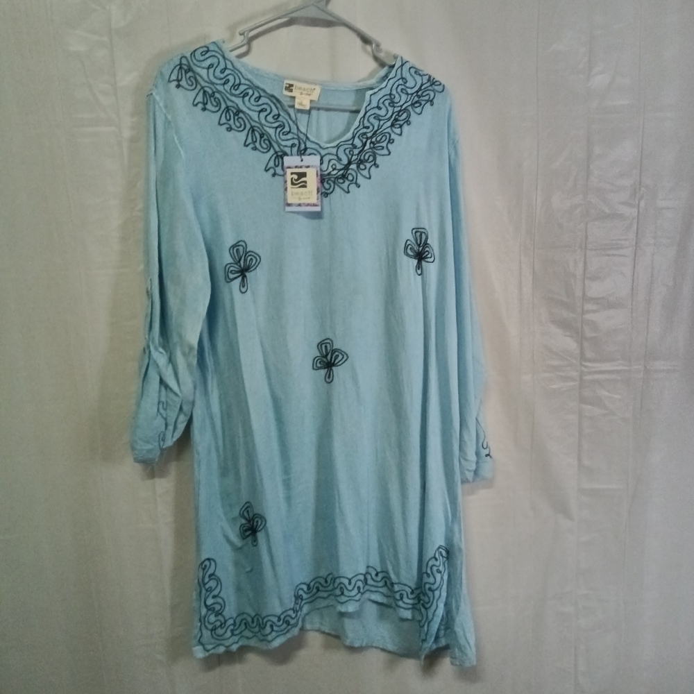BEACH by Exist Embroidered Cover Up Dress Light Blue Roll Tab Sleeve Size L NWT